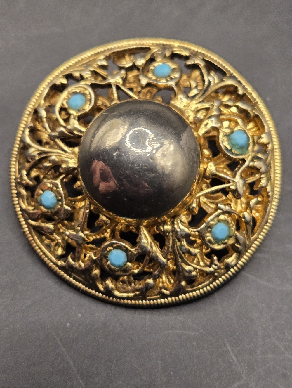 Vintage Style Gold Filigree Brooch Turquoise Cabochon Statement Pin